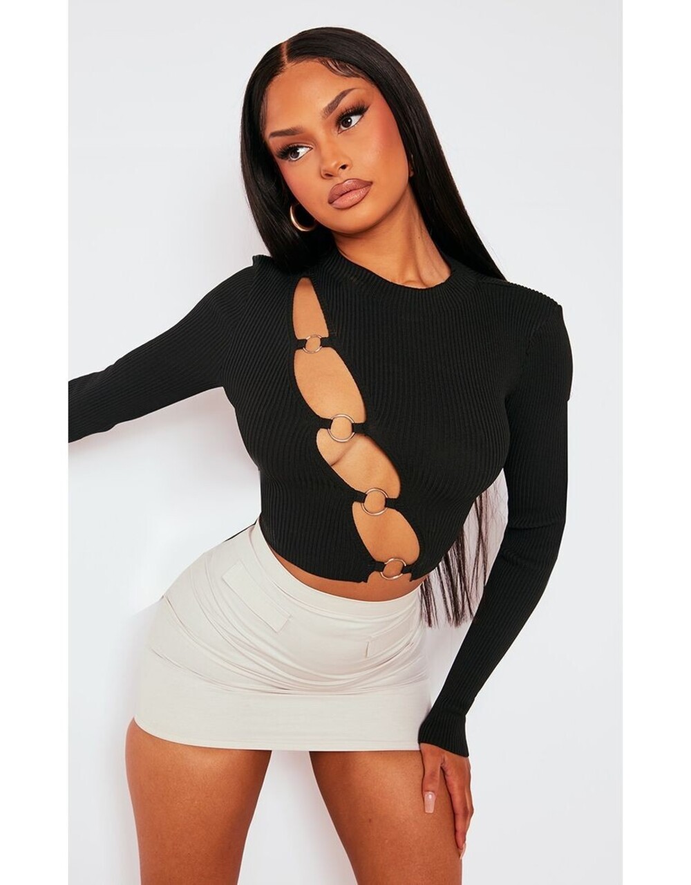 New PrettyLittleThing Black Ring Front Cut Out Long Sleeve Knit Top Size M